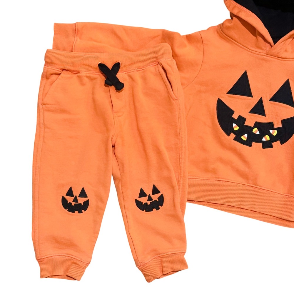 Gymboree Kids Orange Pumpkin Face Hoodie Sweatshirt Jogger Pants Set 2T - Picture 3 of 5